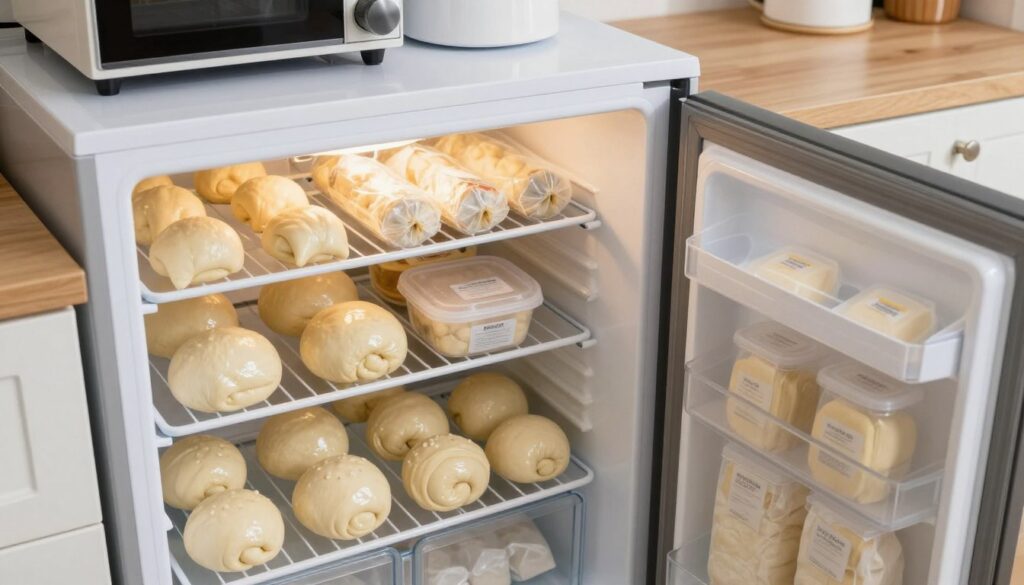 A well-organized kitchen scene featuring a modern, spacious freezer confidently displaying freshly frozen dough in various shapes. In the foreground, beautifully arranged containers of dough rise, showcasing their smooth, glossy surfaces reflecting soft, artificial light. In the middle, the freezer’s glass door is partially open, revealing neatly organized bags and containers filled with yeast dough, labeled for easy identification. The background features soft kitchen appliances and a warm wood countertop, evoking a sense of comfort and home. The overall mood is calm and inviting, with bright, even lighting highlighting the textures of the dough. The angle is slightly from above, capturing the contents of the freezer and emphasizing the importance of proper dough storage.