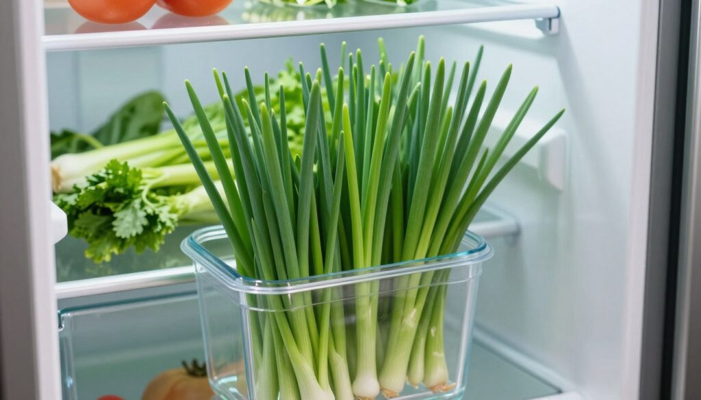A well-organized refrigerator interior showcasing fresh chives in a clear container, with the vibrant green leaves standing tall against the cool, stainless steel backdrop. The fridge door is slightly ajar, letting soft, natural light illuminate the herbs, creating a fresh and inviting atmosphere. The foreground features the chives in sharp focus, highlighting their texture and vivid color, while the middle ground shows neatly arranged vegetables in the fridge, adding context. The background is slightly blurred, emphasizing the main subject. The overall mood is clean and refreshing, symbolizing the importance of proper storage for maintaining freshness. The angle captures the interior of the fridge from a slight overhead perspective, enhancing the visual appeal.