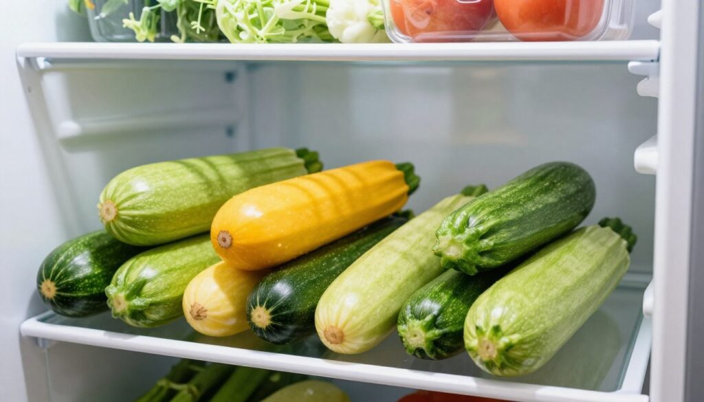 A well-organized refrigerator showcasing fresh, vibrant zucchinis in various sizes and colors, prominently displayed in the foreground. The zucchinis appear crisp and firm, highlighting their freshness and ideal storage conditions. In the middle ground, the refrigerator shelves are stocked neatly with other fresh produce and transparent containers, conveying an organized and inviting atmosphere. In the background, soft, natural lighting brightens the scene, emphasizing the cool temperature and freshness of the vegetables. The shot is taken from a slightly elevated angle, providing a clear view of the zucchinis, enhancing their visual appeal. The overall mood is fresh, clean, and well-organized, suggesting optimal storage methods for keeping zucchinis firm and crisp.