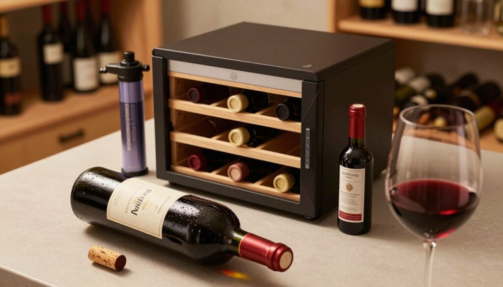 A well-organized wine storage scene focusing on an opened bottle of wine. In the foreground, show a partially filled wine bottle with a cork elegantly placed beside it, glistening with condensation. Include a glass of wine, capturing rich deep reds or whites in various light reflections. In the middle of the composition, a wine cooler or an elegant wine rack is displayed, surrounded by wine preservation tools such as a vacuum pump, a wine preservation spray, and a temperature control device. The background features a softly lit kitchen or cellar setting, with some bottles neatly stored away. Use warm, ambient lighting to evoke a cozy and refined atmosphere. Angle the shot slightly from above to enhance depth, conveying a sense of sophistication and care in wine preservation.