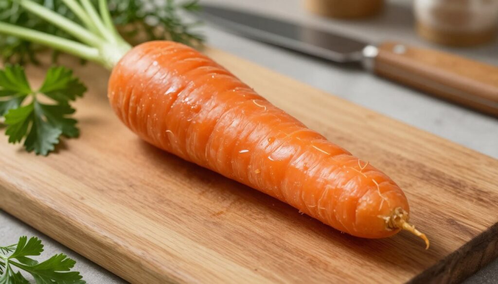 A whole cooked carrot, presenting a rich, vibrant orange color with a glossy sheen. The carrot is placed on a rustic wooden cutting board, showcasing its smooth surface and natural imperfections. Surrounding the carrot are hints of fresh herbs, like parsley and dill, adding a pop of green against the warm wood tones. Soft, natural lighting creates gentle shadows, enhancing the texture of the carrot and the chopping board. In the background, a blurred kitchen scene filled with cooking utensils and ingredients subtly conveys a warm, homely atmosphere. The angle is slightly overhead, capturing the carrot's length and inviting the viewer into the cooking process. The overall mood is fresh and appetizing, embodying the essence of perfectly cooked vegetables.