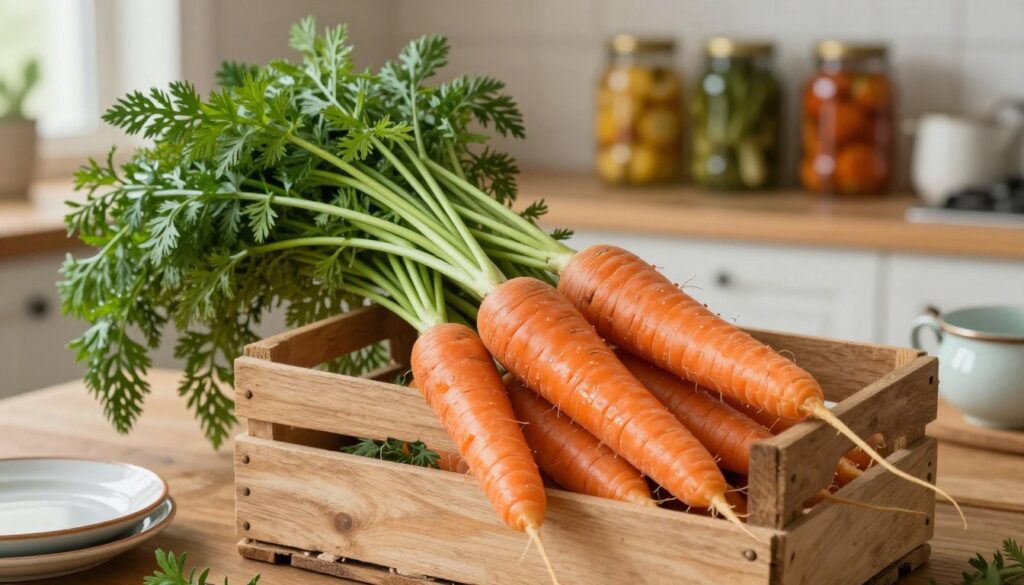 A wooden crate filled with freshly harvested carrots, their vibrant orange skins glistening under soft, diffused natural light. In the foreground, the carrots are arranged artistically, showcasing their leafy tops, which are still lush and green. In the middle, a rustic kitchen setting is depicted, with a wooden table and vintage kitchenware, evoking a sense of warmth and homeliness. In the background, blurred shelves filled with jars of pickled vegetables and herbs create a cozy atmosphere, suggesting a well-stocked pantry. The overall mood is inviting and fresh, with a focus on the preservation of nutrients and freshness in the storage of carrots. The scene captures the essence of keeping vegetables lively and healthy, emphasizing sustainability and home cooking.