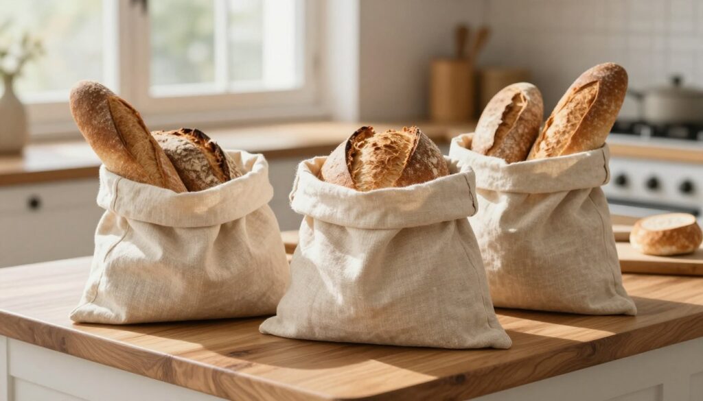 A wooden kitchen countertop is the focal point of this image, featuring beautifully crafted linen bags filled with freshly baked bread and rolls in the foreground. The bags are made of natural beige linen, showcasing their texture and earthy appeal. In the middle ground, there are some freshly baked loaves of bread, partially visible, wrapped in the linen bags that highlight the eco-friendly aspect of bread storage. The background includes a soft-focus view of a rustic kitchen with natural light streaming in through a window, casting gentle shadows and creating a warm, inviting atmosphere. The scene conveys a sense of homeliness and sustainability, perfect for illustrating the art of bread storage with a focus on linen bags.