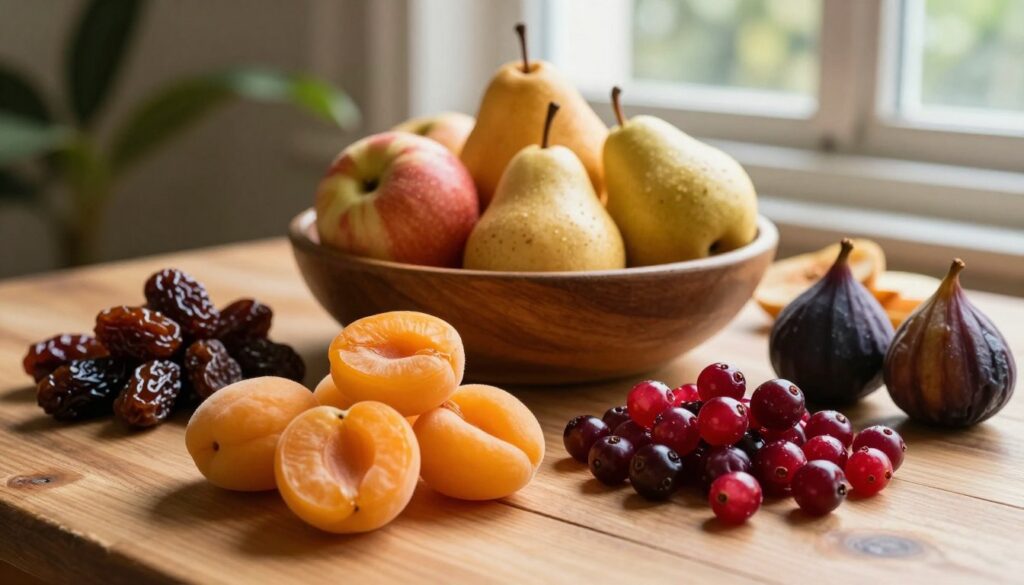 A wooden table adorned with an assortment of vibrant, dried fruits ideal for making a traditional compote. In the foreground, plump, golden apricots and rich, deep red cranberries are surrounded by dark, sweet figs and soft, chewy prunes. The middle layer features a rustic bowl filled with a mix of colorful dried apples and pears, releasing an inviting aroma. A warm, soft afternoon light filters in from a nearby window, casting gentle shadows that evoke a cozy atmosphere. In the background, blurred greenery adds a touch of nature, enhancing the allure of these artisanal ingredients. The scene should exude warmth, nostalgia, and the promise of a delightful holiday beverage.