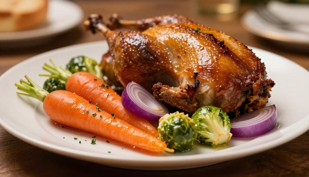 An elegant plate of roasted vegetables ideal for serving with duck, prominently featuring vibrant carrots, Brussels sprouts, and rich purple onions glistening with a light glaze. In the foreground, the vegetables are arranged artfully, showcasing their colors and textures, with a sprinkling of fresh herbs for garnish. The middle of the image captures the warm, golden-brown duck resting beside the vegetables, exuding an inviting aroma. Soft, ambient lighting casts a gentle glow, enhancing the appetizing appearance. The background is blurred to suggest a cozy dining environment, perhaps with a wooden table setting, evoking a homey, yet sophisticated atmosphere, perfect for a memorable dinner.