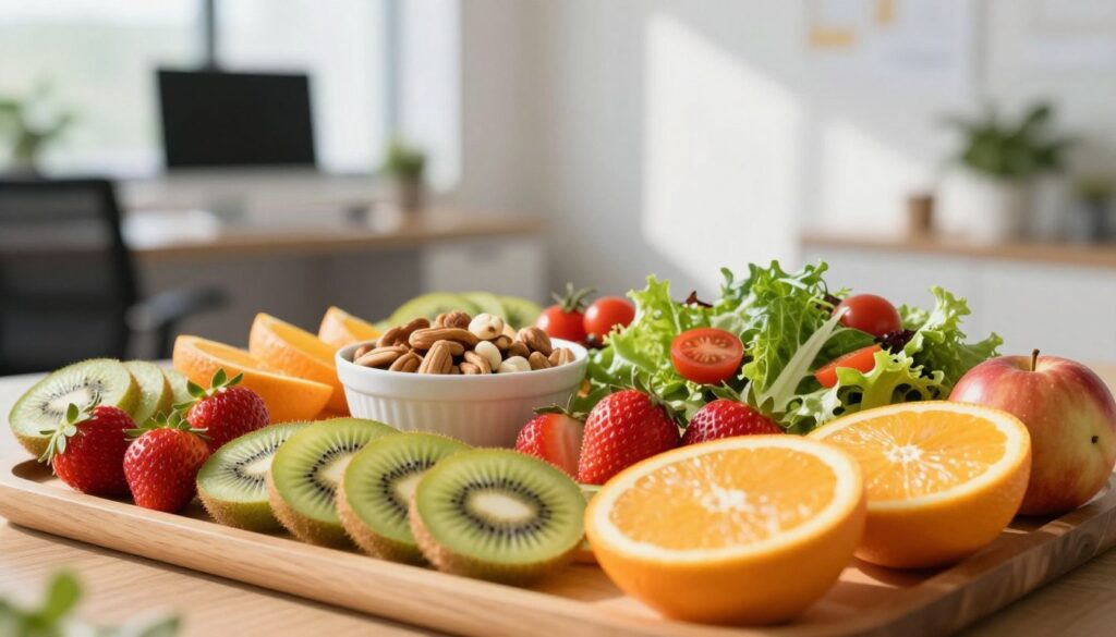Create a vibrant, eye-catching arrangement of fresh fruits and vegetables, showcasing a colorful display of assorted ingredients. In the foreground, feature a variety of sliced fruits like kiwi, strawberries, and oranges, artistically arranged on a wooden platter. Include a bowl of mixed nuts and a small refreshing salad of leafy greens and cherry tomatoes nearby. In the middle, enhance the scene with lightly blurred backgrounds of a well-lit office setting, with soft daylight pouring in through a window, casting gentle shadows. Use a shallow depth of field to keep the focus on the food. The overall atmosphere should be cheerful and inviting, conveying a sense of healthy celebration perfect for a birthday gathering at work, without any text or distractions.