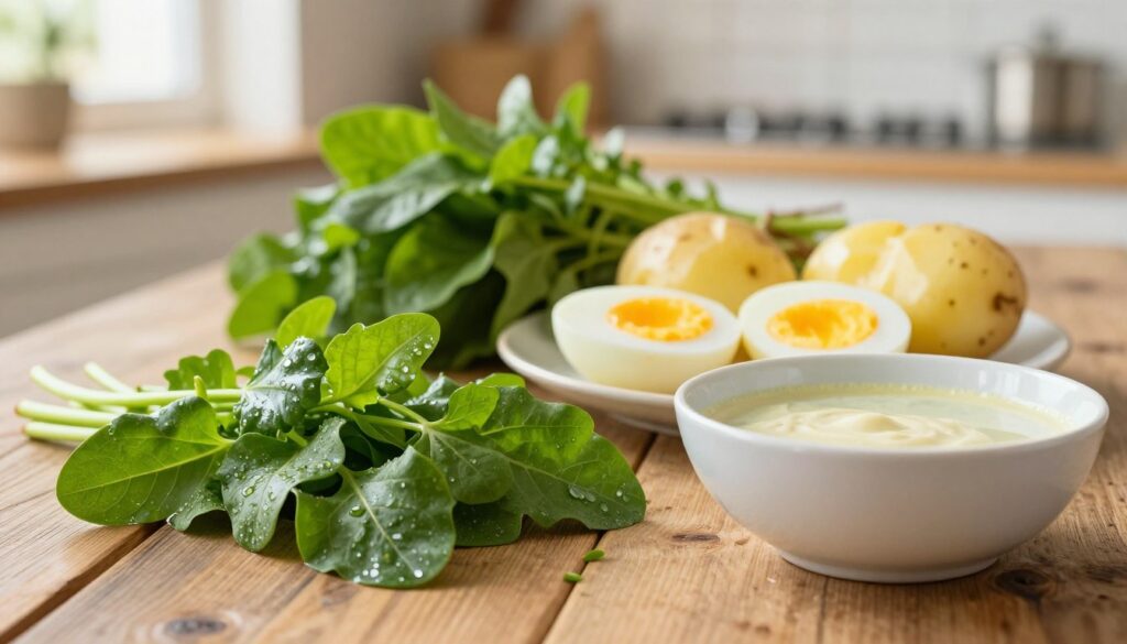 Fresh sorrel leaves arranged artfully on a rustic wooden table, showcasing their vibrant green color and delicate texture. In the foreground, include a handful of freshly chopped sorrel, glistening with moisture, alongside a small bowl of creamy homemade stock. In the middle ground, showcase tender boiled potatoes and perfectly cooked eggs, sliced in half to reveal the golden yolks. The background should feature a softly blurred kitchen setting, hinting at a warm and inviting atmosphere, with gentle sunlight filtering through a window, casting a soft glow on the ingredients. The lens should be at eye-level, capturing the freshness and simplicity of these traditional soup ingredients. The overall mood is cozy and homely, emphasizing the natural beauty and appeal of fresh sorrel and its companions.