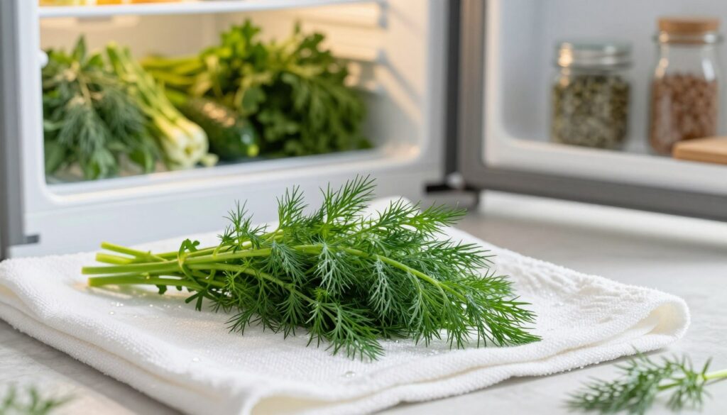 Fresh, vibrant dill sprigs ready for freezing, delicately arranged on a clean, white kitchen towel. In the foreground, focus on the bright green dill, showcasing its feathery leaves glistening with tiny water droplets, emphasizing freshness. In the middle ground, a partially open freezer door reveals other herbs and vegetables neatly organized, hinting at a well-prepared kitchen for year-round freshness. Soft, natural lighting filters in from a nearby window, casting gentle shadows and creating a warm, inviting atmosphere. The background features blurred kitchen elements, like jars of spices and a wooden cutting board, completing the scene. The overall mood is practical yet uplifting, ideal for a home cooking setting dedicated to preserving flavors.