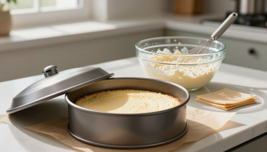 A beautifully arranged baking scene featuring a modern round springform pan (tortownica) at the forefront. The pan is gleaming and propped slightly open to reveal the fluffy cake inside. Surrounding the pan are neatly cut pieces of parchment paper, accentuating its importance in baking. In the middle ground, a clear glass bowl filled with a pristine, fluffy cake batter sits, with a whisk resting beside it. The background showcases a kitchen countertop, softly lit by natural sunlight streaming through a window, casting gentle shadows. The mood is inviting and warm, evoking the joy of baking, with a focus on precision and care, ideal for perfecting a sponge cake. The scene captures every essential detail, aiming for clarity and richness in color, inviting the viewer into the baking experience.
