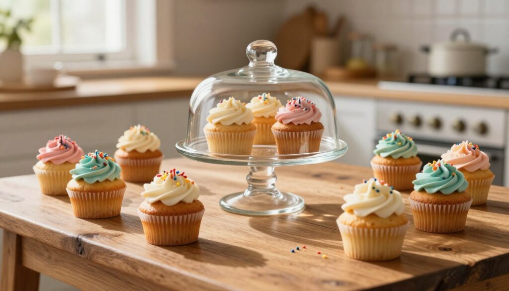 A beautifully arranged display of fresh, fluffy cupcakes sitting on a rustic wooden table. In the foreground, highlight a few cupcakes gracefully topped with colorful frosting and delicate sprinkles, showcasing their moist texture. In the middle, feature a charming glass cupcake dome, emphasizing the idea of freshness and protection, with a subtle sheen from the morning light. The background reveals a softly lit kitchen setting with warm tones, perhaps a window letting in natural sunlight, creating a cozy and inviting atmosphere. The scene should evoke a sense of warmth and homeliness, with slightly blurred details in the background to draw focus to the delectable cupcakes in the foreground.