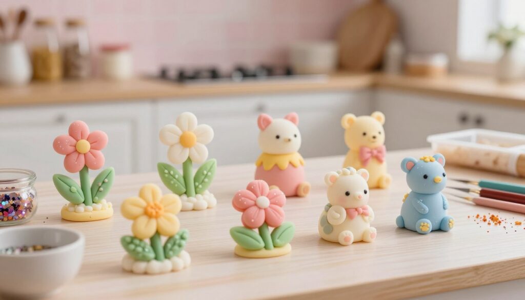 A beautifully arranged display of various colorful sugar figurines, showcasing intricate details such as delicate flowers, whimsical animals, and elegant decorative shapes. In the foreground, a close-up of a few figurines highlights their textures and fine craftsmanship, glistening under soft, diffuse natural light. In the middle, a variety of completed sugar decorations sit on a beautifully decorated table, surrounded by tools and materials like fondant and edible glitter. The background is softly blurred, suggesting a cozy kitchen atmosphere with pastel-colored walls and shelves filled with baking essentials. The overall mood conveys a warm, inviting environment, perfect for creating and storing these lovely, artistic confections.