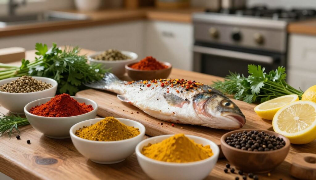 A beautifully arranged display of various spices and herbs used for seasoning fish, set on a rustic wooden table. In the foreground, vibrant bowls filled with colorful spices like paprika, turmeric, and black pepper, alongside fresh herbs such as dill, parsley, and lemon slices. In the middle ground, an elegant fish fillet garnished with these spices, glistening under soft, warm lighting that emphasizes the texture of the meat. The background features blurred kitchen utensils and a slightly open oven, suggesting a homey kitchen atmosphere. Capture a cozy, inviting mood, focusing on the natural colors and details of the spices, with a shallow depth of field for a soft bokeh effect. The angle should be slightly above eye level, showcasing both the spices and the fish enticingly. A beautifully arranged display of various spices and herbs used for seasoning fish, set on a rustic wooden table. In the foreground, vibrant bowls filled with colorful spices like paprika, turmeric, and black pepper, alongside fresh herbs such as dill, parsley, and lemon slices. In the middle ground, an elegant fish fillet garnished with these spices, glistening under soft, warm lighting that emphasizes the texture of the meat. The background features blurred kitchen utensils and a slightly open oven, suggesting a homey kitchen atmosphere. Capture a cozy, inviting mood, focusing on the natural colors and details of the spices, with a shallow depth of field for a soft bokeh effect. The angle should be slightly above eye level, showcasing both the spices and the fish enticingly.