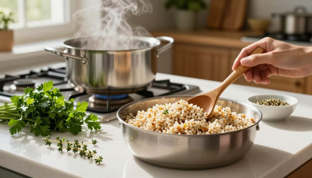 A beautifully arranged kitchen countertop featuring a pot of perfectly cooked pearl barley, the grains fluffy and separated. In the foreground, a wooden spoon is stirring the vibrant mixture, emphasizing texture and freshness. Fresh herbs like parsley and thyme are scattered across the surface, alongside a small bowl of prepared seasoning. In the middle, there’s a classic stainless steel pot on the stovetop, subtly steaming, with sunlight streaming through a nearby window, creating a warm and inviting atmosphere. The background showcases a cozy kitchen setting with wooden cabinets and greenery, enhancing the home-cooked feel. The lighting is soft and natural, casting gentle shadows, conveying a sense of warmth and culinary joy.