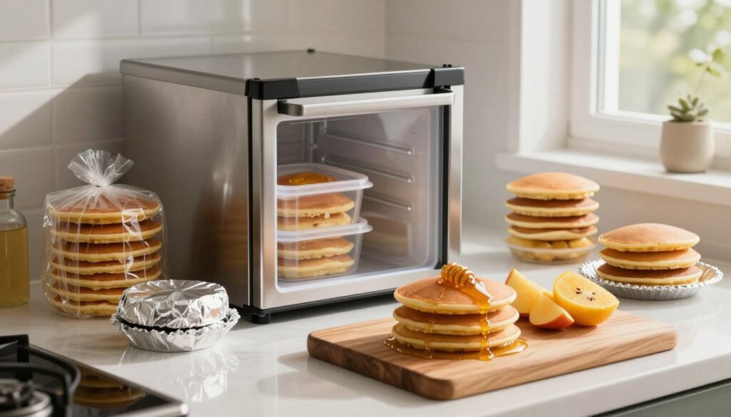 A beautifully arranged kitchen countertop featuring a variety of neatly stacked pancakes, some wrapped in clear plastic wrap, others in aluminum foil, showcasing the freezing method. In the foreground, a few pancakes are placed on a stylish wooden cutting board with fresh fruits and a drizzle of honey adorning them. The middle section includes a stainless-steel freezer, slightly ajar with a few containers holding pancakes, indicating readiness for freezing. In the background, soft natural light streams through a nearby window, casting gentle shadows and creating a warm and inviting atmosphere. The lens captures the scene from a slight angle, emphasizing the textures and colors, making the viewer feel inspired to learn about effective pancake storage methods while enjoying a cozy kitchen vibe. A beautifully arranged kitchen countertop featuring a variety of neatly stacked pancakes, some wrapped in clear plastic wrap, others in aluminum foil, showcasing the freezing method. In the foreground, a few pancakes are placed on a stylish wooden cutting board with fresh fruits and a drizzle of honey adorning them. The middle section includes a stainless-steel freezer, slightly ajar with a few containers holding pancakes, indicating readiness for freezing. In the background, soft natural light streams through a nearby window, casting gentle shadows and creating a warm and inviting atmosphere. The lens captures the scene from a slight angle, emphasizing the textures and colors, making the viewer feel inspired to learn about effective pancake storage methods while enjoying a cozy kitchen vibe.