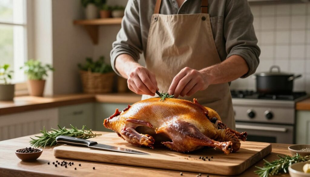 A beautifully arranged kitchen scene featuring the meticulous preparation of a whole goose for roasting. In the foreground, a wooden cutting board holds a clean, plucked goose, showcasing its rich, golden-brown skin. A sharp knife and various spices, such as rosemary and thyme, are strategically placed around. In the middle ground, a chef in modest casual clothing is thoughtfully trimming and portioning the goose, their focused expression highlighting the seriousness of the task. Soft, natural light filters through a nearby window, casting warm shadows that create a cozy atmosphere. The background includes rustic kitchen elements like wooden shelves filled with herbs and a simmering pot on the stove, evoking a sense of homely warmth and careful culinary craft.