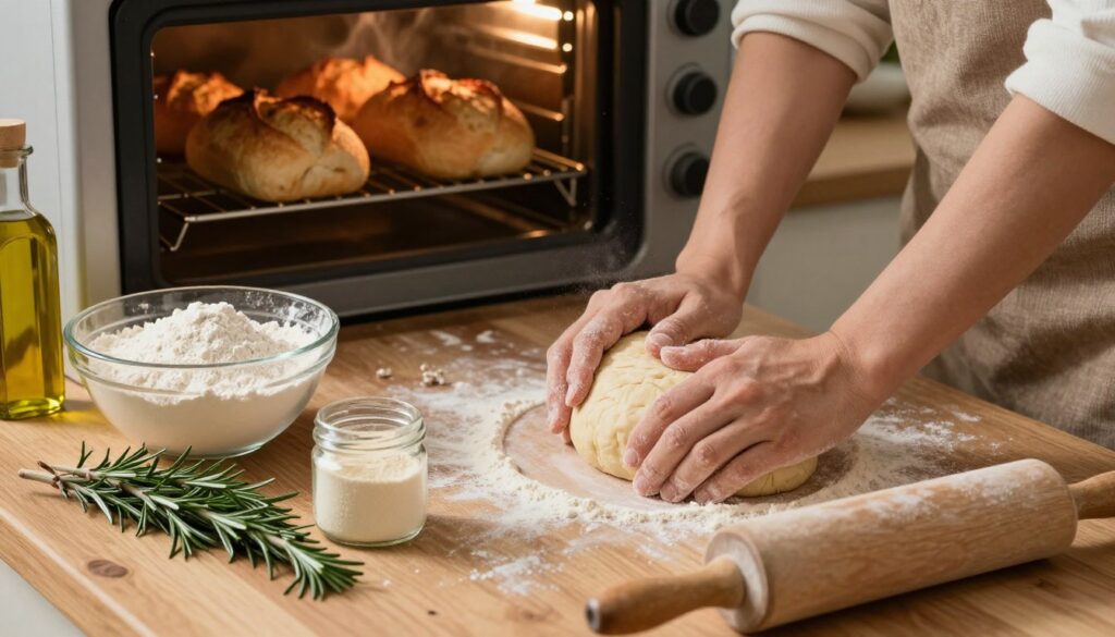 A beautifully arranged kitchen scene illustrating the step-by-step process of baking yeast bread. In the foreground, a wooden countertop is adorned with essential baking tools: a mixing bowl filled with flour, a small jar of yeast, fresh ingredients like rosemary and olive oil, and a rolling pin. In the middle, there are two hands gently kneading dough, displaying a sense of action and warmth. The background features a rustic oven with golden loaves of bread resting on a wire rack, radiating a fresh-baked aroma. Soft, warm lighting accentuates the textures of the dough and wood, creating a cozy, inviting atmosphere. The angle is slightly above eye level, capturing both the detailed process and the final delicious products, evoking a sense of comfort and satisfaction in homemade baking. A beautifully arranged kitchen scene illustrating the step-by-step process of baking yeast bread. In the foreground, a wooden countertop is adorned with essential baking tools: a mixing bowl filled with flour, a small jar of yeast, fresh ingredients like rosemary and olive oil, and a rolling pin. In the middle, there are two hands gently kneading dough, displaying a sense of action and warmth. The background features a rustic oven with golden loaves of bread resting on a wire rack, radiating a fresh-baked aroma. Soft, warm lighting accentuates the textures of the dough and wood, creating a cozy, inviting atmosphere. The angle is slightly above eye level, capturing both the detailed process and the final delicious products, evoking a sense of comfort and satisfaction in homemade baking.