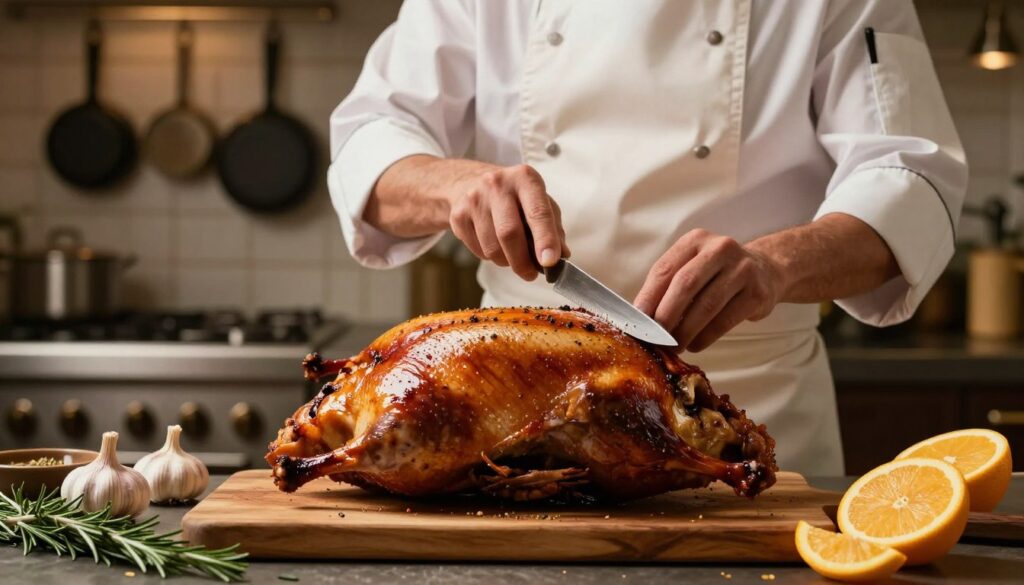 A beautifully arranged kitchen scene showcasing the preparation of a duck before roasting. In the foreground, a whole duck is placed on a wooden cutting board, glistening with a delicate rub of spices and herbs. Surrounding the duck are fresh ingredients such as garlic, rosemary, and citrus slices, creating an inviting atmosphere. In the middle, a skilled chef, dressed in a professional apron, is carefully scoring the duck’s skin with a sharp knife, focused and precise. The background features a warm, softly lit kitchen with hanging pots and pans that add a rustic charm. The lighting is warm and inviting, casting gentle shadows that enhance the rich textures of the duck and ingredients. The mood is one of culinary artistry and anticipation, perfect for the art of preparing a delicious roast duck.
