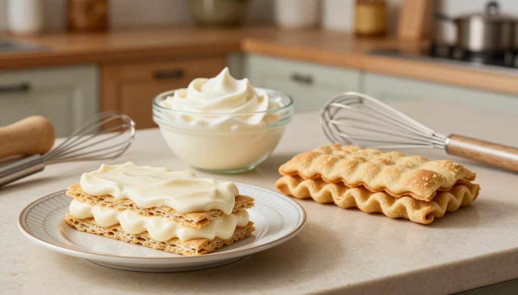 A beautifully arranged kitchen scene showcasing the process of assembling a Polish karpatka dessert filled with creamy vanilla frosting. In the foreground, a delicate pastry layer is placed on a fine china plate, with creamy filling generously layered on top. A second pastry layer waits nearby, highlighting its beautiful, waved texture, created during baking. In the middle ground, a bowl brimming with fresh cream sits next to a whisk, alongside various baking tools. The background features soft, warm kitchen lighting that enhances the inviting, cozy atmosphere, with wooden cabinets and baking ingredients artfully arranged. The focus is on the delicious, layered dessert, evoking a sense of anticipation and culinary artistry. A beautifully arranged kitchen scene showcasing the process of assembling a Polish karpatka dessert filled with creamy vanilla frosting. In the foreground, a delicate pastry layer is placed on a fine china plate, with creamy filling generously layered on top. A second pastry layer waits nearby, highlighting its beautiful, waved texture, created during baking. In the middle ground, a bowl brimming with fresh cream sits next to a whisk, alongside various baking tools. The background features soft, warm kitchen lighting that enhances the inviting, cozy atmosphere, with wooden cabinets and baking ingredients artfully arranged. The focus is on the delicious, layered dessert, evoking a sense of anticipation and culinary artistry.
