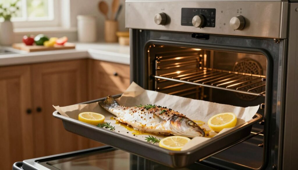 A beautifully arranged kitchen scene showcasing the process of baking a fish fillet in the oven. In the foreground, a freshly seasoned fillet of fish, glistening with a light oil, resting on a baking tray lined with parchment paper, surrounded by slices of lemon and fresh herbs. In the middle, an open oven with the soft glow of warm light illuminating the fish, with the oven racks visible. The background features kitchen utensils, a cutting board with chopped vegetables, and warm wooden cabinetry, creating a cozy atmosphere. Natural light filters through a nearby window, casting soft shadows and enhancing the inviting vibe as the fillet bakes to perfection. The overall mood conveys a sense of warmth and comfort in cooking.