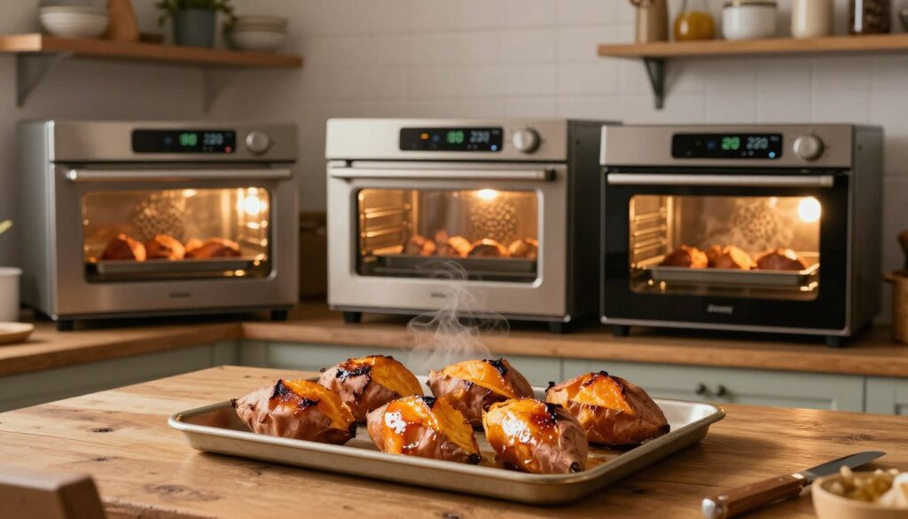 A beautifully arranged kitchen scene showcasing three different ovens, each displaying a temperature setting of 180, 200, and 220 degrees Celsius on their displays. In the foreground, a tray of perfectly roasted sweet potatoes, golden brown and caramelized, is placed on a rustic wooden kitchen table. The sweet potatoes have a glossy glaze, reflecting the warm light from the overhead bulbs. In the middle ground, the ovens have clear glass doors, revealing additional trays of batatas cooking inside, with a subtle steam rising from them. The background features shelves filled with kitchen utensils and ingredients, in a cozy and inviting atmosphere, emphasizing the art of baking. The lighting is soft and warm, creating a homely and appetizing mood, with a focus on the food preparation process.
