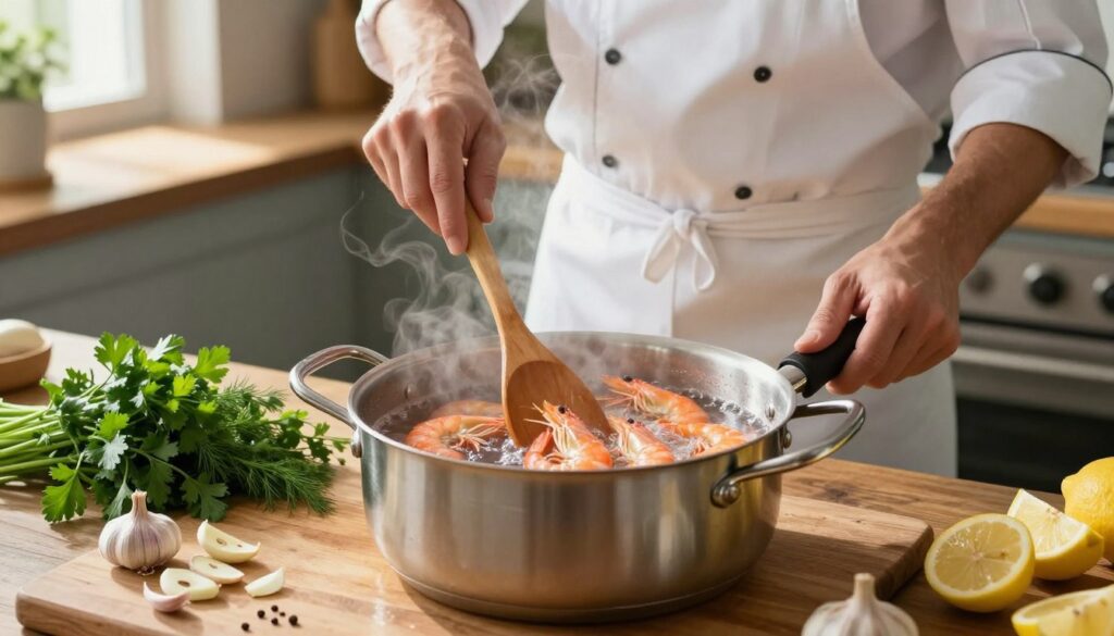 A beautifully arranged kitchen setting showcasing the process of cooking succulent shrimp. In the foreground, a large pot of boiling water with shrimp inside, their pink-orange color highlighted by the steam rising. Fresh herbs like parsley and dill are scattered around, along with sliced garlic and lemon wedges on a wooden cutting board. In the middle, a chef in a simple white apron skillfully stirring the pot with a wooden spoon, exuding concentration and expertise. The background features a rustic wooden countertop, soft natural light streaming in from a window, enhancing the warm, inviting atmosphere. The image conveys a sense of culinary artistry and the joy of preparing perfect, juicy shrimp without any text or distractions.