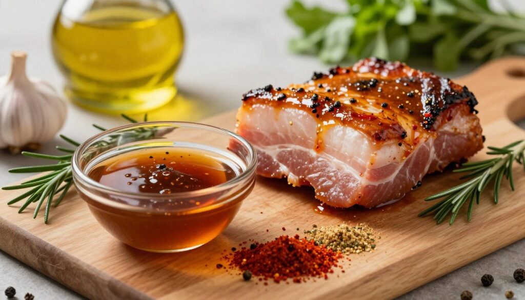 A beautifully arranged marinade for roasted pork belly, showcasing a wooden cutting board filled with vibrant spices such as paprika, garlic powder, and black pepper, alongside fresh herbs like rosemary and thyme. In the foreground, a small glass bowl contains a rich, glossy liquid marinade, reflecting the light subtly. The middle ground features a piece of raw pork belly coated in the marinade, glistening under warm natural light that highlights the textures. In the background, soft-focused kitchen elements like olive oil bottles and fresh vegetables create a cozy atmosphere. The overall mood is inviting and homely, evoking the delicious anticipation of cooking. The image is captured with a shallow depth of field, allowing the spices and pork belly to stand out prominently. A beautifully arranged marinade for roasted pork belly, showcasing a wooden cutting board filled with vibrant spices such as paprika, garlic powder, and black pepper, alongside fresh herbs like rosemary and thyme. In the foreground, a small glass bowl contains a rich, glossy liquid marinade, reflecting the light subtly. The middle ground features a piece of raw pork belly coated in the marinade, glistening under warm natural light that highlights the textures. In the background, soft-focused kitchen elements like olive oil bottles and fresh vegetables create a cozy atmosphere. The overall mood is inviting and homely, evoking the delicious anticipation of cooking. The image is captured with a shallow depth of field, allowing the spices and pork belly to stand out prominently.