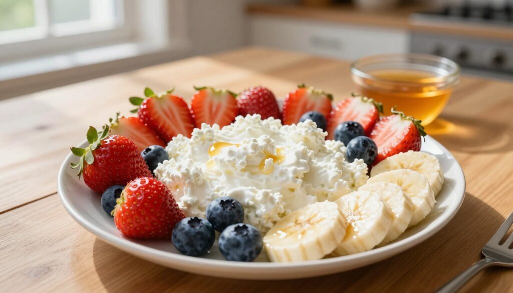 A beautifully arranged plate of sweet cottage cheese, featuring fresh fruits like strawberries, blueberries, and banana slices artfully scattered around. The cottage cheese should have a creamy, inviting texture, slightly glistening in natural morning light. In the background, a simple wooden kitchen table adds warmth, with soft sunlight streaming through a nearby window, casting gentle shadows. A small bowl of honey sits nearby, invitingly drizzled. The overall mood is fresh and wholesome, evoking a sense of comfort and casual indulgence, perfect for a quick, nutritious meal. Capture this scene from a slightly elevated angle, highlighting the colorful array of fruits and the enticing texture of the cottage cheese.