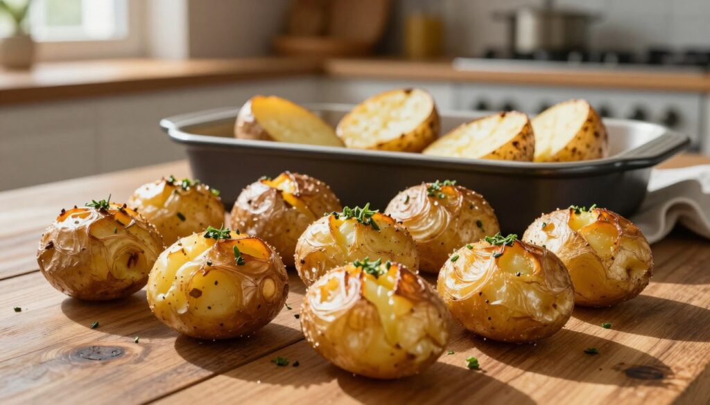 A beautifully arranged platter of crispy baked potatoes, golden brown and perfectly cooked, with a sprinkle of fresh herbs on top. In the foreground, the rustic wooden table showcases the vibrant, textured skin of the potatoes, with a subtle sheen indicating their crunchiness. In the middle, a baking dish is prominently displayed, revealing a few potatoes cut in half, exposing their fluffy, soft interior, contrasting with the crispy exterior. The background features a warm, inviting kitchen setting with soft, natural light streaming in from a nearby window, casting gentle shadows and enhancing the homey atmosphere. The image evokes a sense of comfort and culinary enjoyment, perfect for illustrating successful potato baking methods. A beautifully arranged platter of crispy baked potatoes, golden brown and perfectly cooked, with a sprinkle of fresh herbs on top. In the foreground, the rustic wooden table showcases the vibrant, textured skin of the potatoes, with a subtle sheen indicating their crunchiness. In the middle, a baking dish is prominently displayed, revealing a few potatoes cut in half, exposing their fluffy, soft interior, contrasting with the crispy exterior. The background features a warm, inviting kitchen setting with soft, natural light streaming in from a nearby window, casting gentle shadows and enhancing the homey atmosphere. The image evokes a sense of comfort and culinary enjoyment, perfect for illustrating successful potato baking methods.