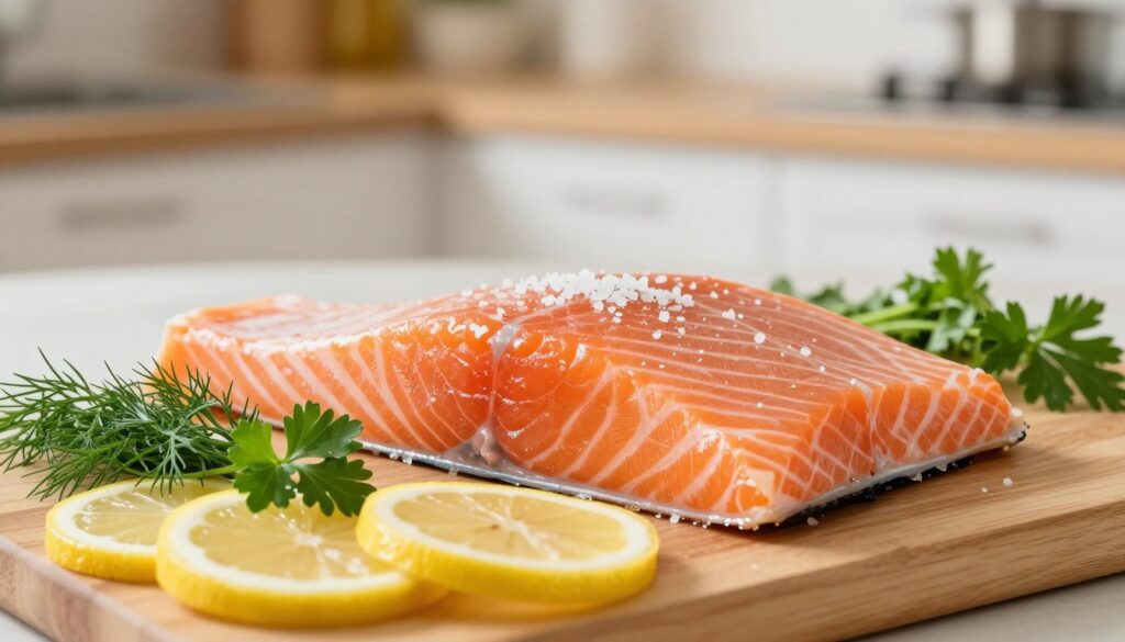 A beautifully arranged raw salmon filet displayed on a cutting board, glistening with freshness. The filet features a vibrant orange color with natural marbling, and a hint of sea salt sprinkled on top, enhancing its appeal. In the foreground, herbs like dill and parsley are artfully placed alongside lemon slices for a pop of color and freshness. The background showcases a softly blurred kitchen setting, with warm, inviting lighting that creates a cozy atmosphere, suggesting a home-cooking vibe. The scene is captured from a slightly elevated angle to emphasize the textures and colors of the fish, while maintaining a clean, professional look. The overall mood conveys a sense of preparation and anticipation for a delicious meal.