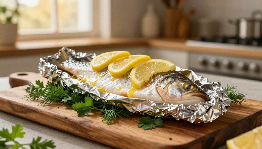 A beautifully arranged scene featuring a fresh fish fillet wrapped in glossy, textured aluminum foil, glistening with melted butter and garnished with vibrant slices of lemon. The fish is nestled atop a bed of fragrant herbs like dill and parsley, enhancing the appetizing presentation. Surrounding the foil-wrapped fillet, a rustic wooden cutting board adds warmth and texture to the image. In the background, a soft-focus kitchen environment reveals blurred cooking utensils and ambient lighting, creating a cozy atmosphere. The warm golden glow from a nearby window illuminates the scene, accentuating the freshness of the ingredients and inviting viewers to tantalize their taste buds. The overall mood is inviting and mouth-watering, embodying a perfect balance of freshness and decadence.