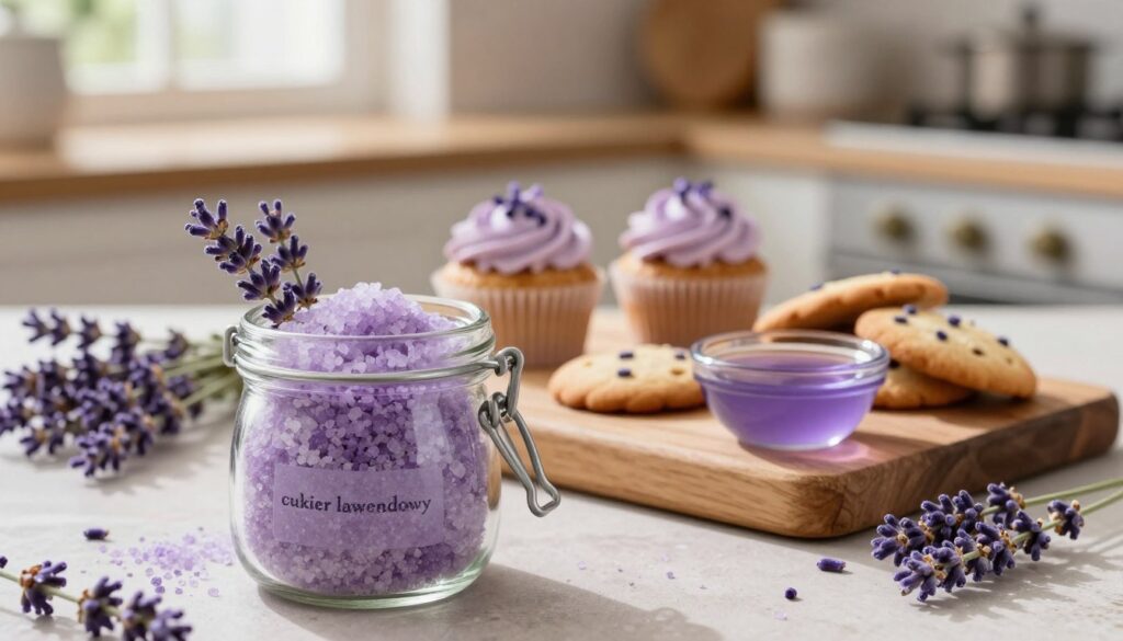 A beautifully arranged scene featuring lavender-flavored sugar ("cukier lawendowy") as the focal point. In the foreground, a delicate glass jar brimming with fine, light purple sugar crystals, embellished with a sprig of fresh lavender on the side. In the middle, a wooden cutting board displays an assortment of freshly baked pastries and desserts, such as lavender-infused cupcakes, cookies, and a small bowl of lavender syrup, all artfully arranged. The background softly blurs into a rustic kitchen setting, with warm, natural light flooding through a window, casting gentle shadows. The atmosphere is inviting and serene, evoking a sense of sweet culinary delight and the calming essence of lavender. A beautifully arranged scene featuring lavender-flavored sugar ("cukier lawendowy") as the focal point. In the foreground, a delicate glass jar brimming with fine, light purple sugar crystals, embellished with a sprig of fresh lavender on the side. In the middle, a wooden cutting board displays an assortment of freshly baked pastries and desserts, such as lavender-infused cupcakes, cookies, and a small bowl of lavender syrup, all artfully arranged. The background softly blurs into a rustic kitchen setting, with warm, natural light flooding through a window, casting gentle shadows. The atmosphere is inviting and serene, evoking a sense of sweet culinary delight and the calming essence of lavender.