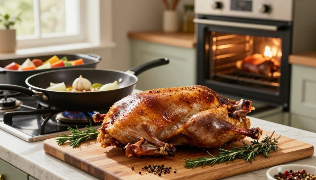 A beautifully arranged scene of step-by-step goose cooking process in a cozy kitchen. In the foreground, a well-seasoned, golden-brown goose is artistically laid out on a large cutting board, surrounded by fresh herbs like rosemary and thyme, along with various spices. In the middle ground, a skillet with sizzling garlic and onions sits on a stove, while a roasting pan adorned with colorful root vegetables rests nearby. The background features a warm, inviting oven with its door slightly ajar, emitting a gentle glow, hinting at the final stages of cooking. Soft, natural light filters through a window, creating an inviting and homey atmosphere. The overall mood conveys careful, delicious preparation, showcasing the art of cooking goose pieces in an elegant, rustic style. A beautifully arranged scene of step-by-step goose cooking process in a cozy kitchen. In the foreground, a well-seasoned, golden-brown goose is artistically laid out on a large cutting board, surrounded by fresh herbs like rosemary and thyme, along with various spices. In the middle ground, a skillet with sizzling garlic and onions sits on a stove, while a roasting pan adorned with colorful root vegetables rests nearby. The background features a warm, inviting oven with its door slightly ajar, emitting a gentle glow, hinting at the final stages of cooking. Soft, natural light filters through a window, creating an inviting and homey atmosphere. The overall mood conveys careful, delicious preparation, showcasing the art of cooking goose pieces in an elegant, rustic style.