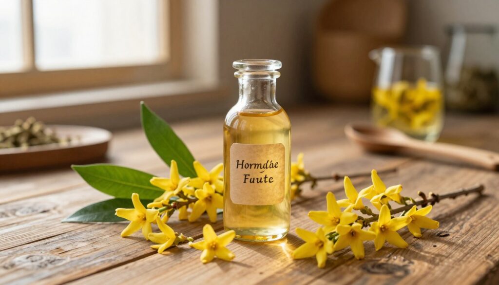 A beautifully arranged scene showcasing a glass bottle of homemade forsythia flower tincture, labeled elegantly, placed on a rustic wooden table. In the foreground, delicate forsythia flowers are artfully scattered around the bottle, their vibrant yellow petals contrasting with the deep green leaves. Some fresh flowers are still on the branches, highlighting their natural beauty. In the middle background, soft-focus hints of a traditional kitchen setting bring warmth to the scene, with subtle indications of herbal preparation tools like glasses and measuring spoons. Soft natural lighting streams in from a nearby window, creating a warm golden glow, emphasizing the lovely textures of the wood and flowers. The overall mood is cozy, inviting, and carefully crafted, perfect for illustrating the essence of forsythia tincture preparation.