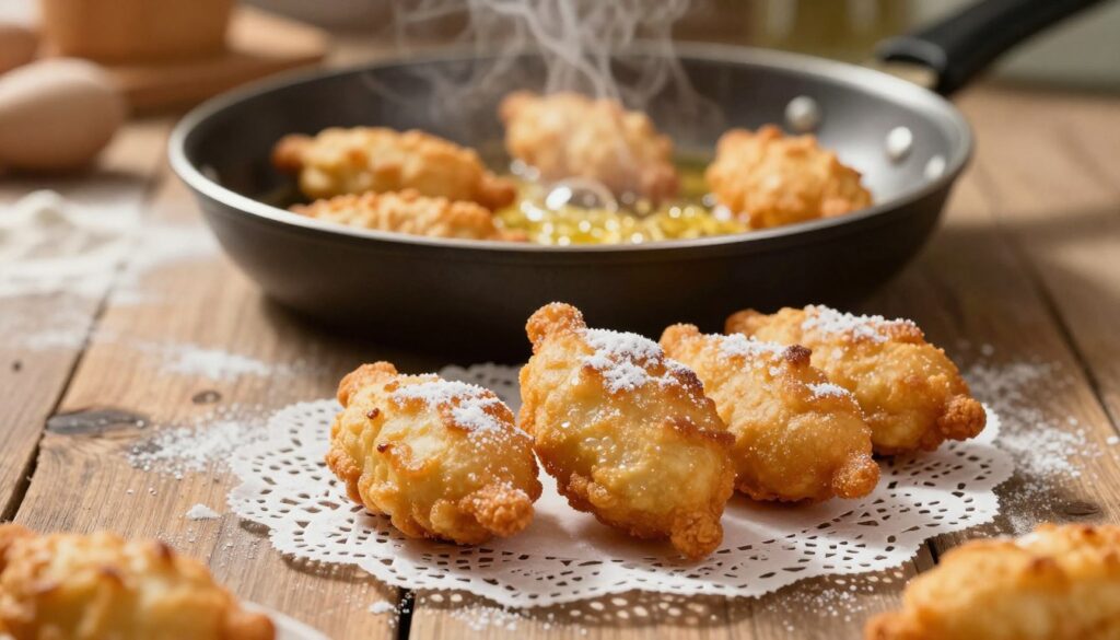 A beautifully arranged scene showcasing freshly fried faworki, golden and crispy, resting on a delicate, lace-patterned doily. In the foreground, several faworki pieces are artistically placed on a rustic wooden table, their glistening surfaces hinting at a light dusting of powdered sugar. The middle ground features a softly glowing frying pan with a few more faworki in the process of frying, with bubbles gently rising in golden oil, creating a sense of warmth and activity. The background should be softly blurred, depicting a cozy kitchen environment with subtle hints of flour and baking tools, evoking a homely atmosphere. The lighting is warm and inviting, casting soft shadows that enhance the textures of the faworki, emphasizing their delicious crispiness. A beautifully arranged scene showcasing freshly fried faworki, golden and crispy, resting on a delicate, lace-patterned doily. In the foreground, several faworki pieces are artistically placed on a rustic wooden table, their glistening surfaces hinting at a light dusting of powdered sugar. The middle ground features a softly glowing frying pan with a few more faworki in the process of frying, with bubbles gently rising in golden oil, creating a sense of warmth and activity. The background should be softly blurred, depicting a cozy kitchen environment with subtle hints of flour and baking tools, evoking a homely atmosphere. The lighting is warm and inviting, casting soft shadows that enhance the textures of the faworki, emphasizing their delicious crispiness.