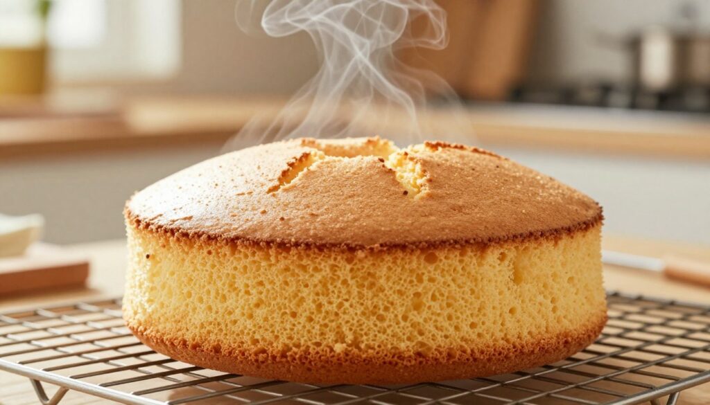 A beautifully arranged scene showcasing the cooling process of a freshly baked sponge cake, placed on a wire rack in the foreground. The cake, golden brown and fluffy, has a soft, spongy texture, with small cracks on top indicating perfect baking. In the middle ground, delicate steam wafts gently upwards, hinting at warmth, while a soft light bathes the entire scene, creating an inviting atmosphere. The background features a cozy kitchen setting with hints of baking tools and ingredients subtly blurred out. The image captures a sense of serenity and anticipation, emphasizing the crucial moment of cooling that ensures the sponge cake remains light and airy. The overall composition radiates warmth and comfort, suggesting a homey environment.