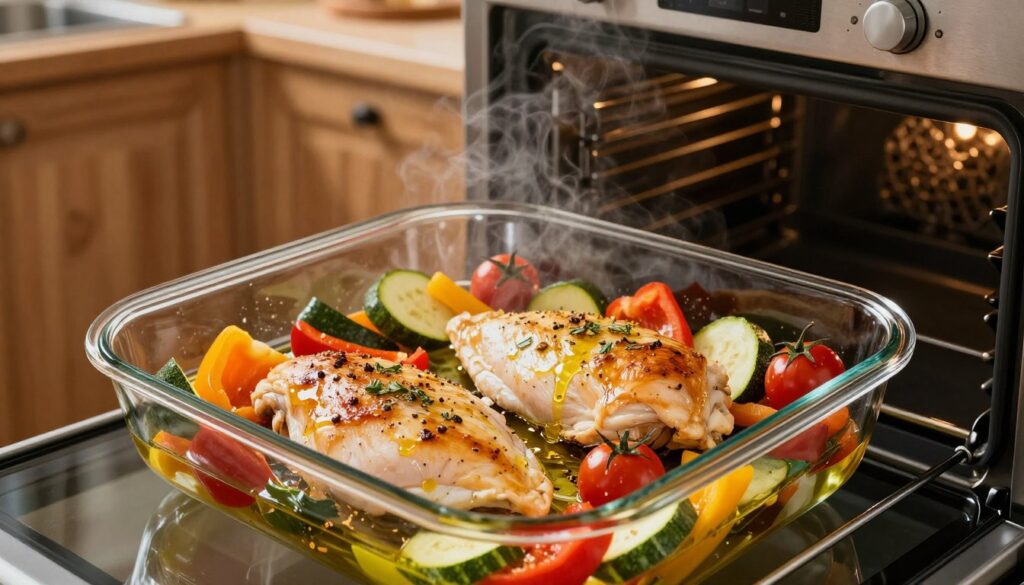 A beautifully arranged scene showcasing the process of baking chicken fillets in a glass baking dish. In the foreground, golden-brown chicken breasts are delicately seasoned with herbs and spices, glistening with olive oil. Fresh vegetables like colorful bell peppers, zucchini, and cherry tomatoes are scattered around the fillets, adding vibrant color and a sense of freshness. The middle ground features the glass dish placed in a modern oven, with the oven light illuminating the delicious contents. A subtle steam is visible, enhancing the inviting atmosphere. In the background, a rustic kitchen with wooden cabinets and warm lighting creates a cozy ambiance. The image captures a homey, comforting feel, celebrating the art of baking juicy and tender chicken. The scene should be bright, fresh, and appetizing, highlighting the beauty of wholesome cooking. A beautifully arranged scene showcasing the process of baking chicken fillets in a glass baking dish. In the foreground, golden-brown chicken breasts are delicately seasoned with herbs and spices, glistening with olive oil. Fresh vegetables like colorful bell peppers, zucchini, and cherry tomatoes are scattered around the fillets, adding vibrant color and a sense of freshness. The middle ground features the glass dish placed in a modern oven, with the oven light illuminating the delicious contents. A subtle steam is visible, enhancing the inviting atmosphere. In the background, a rustic kitchen with wooden cabinets and warm lighting creates a cozy ambiance. The image captures a homey, comforting feel, celebrating the art of baking juicy and tender chicken. The scene should be bright, fresh, and appetizing, highlighting the beauty of wholesome cooking.