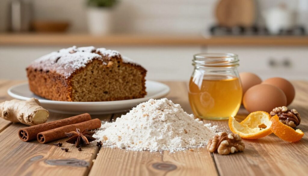 A beautifully arranged selection of ingredients for a moist gingerbread cake, featuring a rustic wooden table as the foreground. In the center, display a pile of flour, dark brown sugar, and a variety of spices such as cinnamon, ginger, and cloves, alongside fresh eggs and golden syrup in a small glass jar. Surround these with carefully placed candied orange peel and walnuts for added texture. In the background, a soft-focus view of a warm, inviting kitchen with gentle lighting creates a cozy atmosphere, enhancing the aura of baking. Use a shallow depth of field to focus on the ingredients while softening the kitchen details, creating a warm, inviting mood perfect for a holiday baking theme.