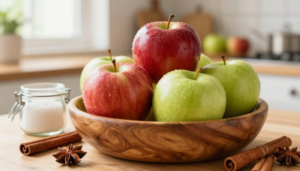 A beautifully arranged selection of ingredients for apple compote, featuring fresh, bright red and green apples nestled in a rustic wooden bowl. Surrounding the bowl are cinnamon sticks, star anise, and a small jar of sugar, creating a harmonious arrangement. In the background, a softly blurred kitchen setting with warm, natural light streaming through a window, illuminating the vibrant colors of the ingredients. The scene is captured with a shallow depth of field, focusing on the apples and spices while gently blurring the background to enhance the cozy, inviting atmosphere. The overall mood is warm and homey, perfect for illustrating a delicious and aromatic apple compote recipe. A beautifully arranged selection of ingredients for apple compote, featuring fresh, bright red and green apples nestled in a rustic wooden bowl. Surrounding the bowl are cinnamon sticks, star anise, and a small jar of sugar, creating a harmonious arrangement. In the background, a softly blurred kitchen setting with warm, natural light streaming through a window, illuminating the vibrant colors of the ingredients. The scene is captured with a shallow depth of field, focusing on the apples and spices while gently blurring the background to enhance the cozy, inviting atmosphere. The overall mood is warm and homey, perfect for illustrating a delicious and aromatic apple compote recipe.
