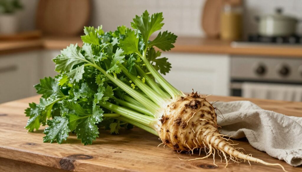 A beautifully arranged tableau featuring a fresh root celery and its vibrant green leaves. In the foreground, showcase the celery root with a rough, textured surface, complete with roots extending outward. Surround the root with a cluster of aromatic, bright green leaves cascading down elegantly. In the middle ground, include a rustic wooden table to complement the organic theme, with a soft linen cloth partially draped beneath. The background should feature a gentle, out-of-focus kitchen setting with warm, inviting lighting that creates a cozy atmosphere. Capture the details of the leaves glistening with dew, suggesting freshness, and emphasize the contrast between the earthy browns of the celery root and the lively greens of the leaves.