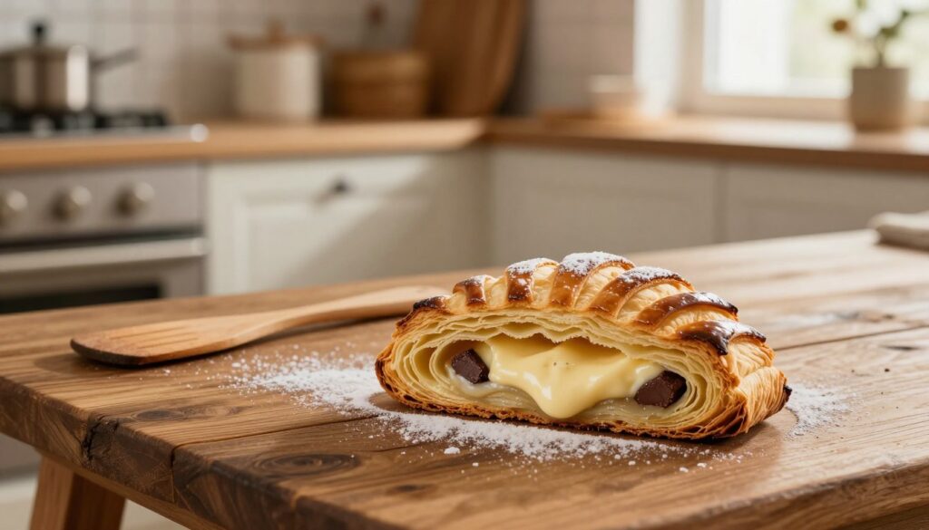 A beautifully baked karpatka pastry sitting on an elegant, rustic wooden table, showcasing its signature wave-like layers and a golden-brown top. The foreground features a close-up of a slice revealing the creamy filling, with hints of vanilla and chocolate. In the middle, a wooden spatula and a dusting of powdered sugar can be seen, emphasizing the freshly baked aspect. The background features a softly lit kitchen setting, with warm, inviting light filtering through a window, casting gentle shadows. The atmosphere is cozy and inviting, ideal for a baking scene. The overall composition should convey a sense of warmth and deliciousness, enticing viewers to imagine the delightful flavors. A beautifully baked karpatka pastry sitting on an elegant, rustic wooden table, showcasing its signature wave-like layers and a golden-brown top. The foreground features a close-up of a slice revealing the creamy filling, with hints of vanilla and chocolate. In the middle, a wooden spatula and a dusting of powdered sugar can be seen, emphasizing the freshly baked aspect. The background features a softly lit kitchen setting, with warm, inviting light filtering through a window, casting gentle shadows. The atmosphere is cozy and inviting, ideal for a baking scene. The overall composition should convey a sense of warmth and deliciousness, enticing viewers to imagine the delightful flavors.