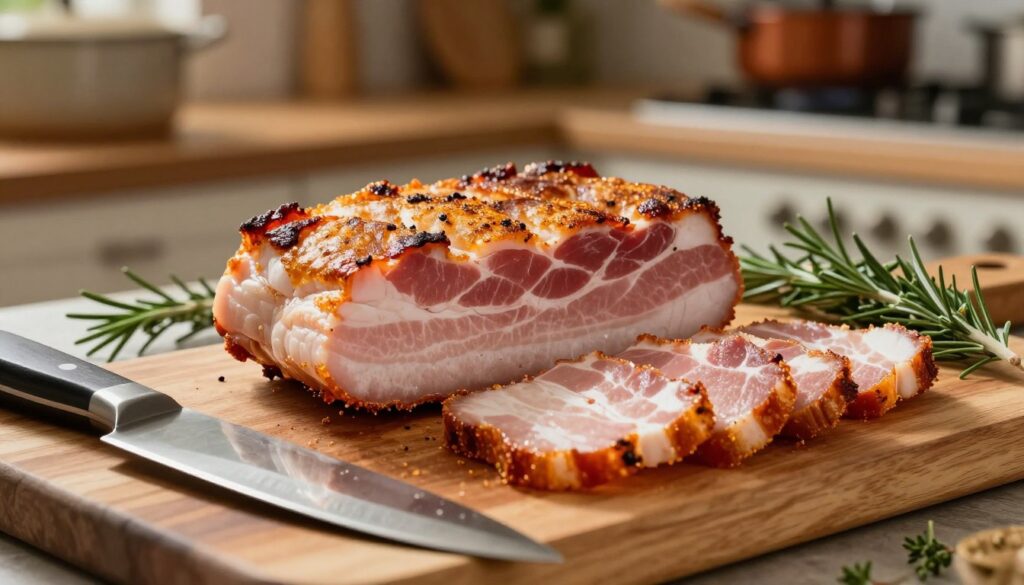 A beautifully cooked raw bacon joint resting on a wooden cutting board, with a few succulent slices arranged artfully around it, showcasing its golden-brown, crispy exterior. The foreground features a sharp chef’s knife, glistening under warm kitchen lighting, catching the eye of the viewer. In the middle ground, there are fresh herbs, such as rosemary and thyme, accentuating the presentation. The background is softly blurred, revealing a cozy kitchen setting with hints of rustic cookware and a warm, inviting atmosphere. The overall mood is one of warmth and homeliness, evoking the joy of preparing a delicious meal. The lighting is soft yet warm, highlighting the textures of the meat and the freshness of the herbs, capturing the essence of perfect cooking techniques. A beautifully cooked raw bacon joint resting on a wooden cutting board, with a few succulent slices arranged artfully around it, showcasing its golden-brown, crispy exterior. The foreground features a sharp chef’s knife, glistening under warm kitchen lighting, catching the eye of the viewer. In the middle ground, there are fresh herbs, such as rosemary and thyme, accentuating the presentation. The background is softly blurred, revealing a cozy kitchen setting with hints of rustic cookware and a warm, inviting atmosphere. The overall mood is one of warmth and homeliness, evoking the joy of preparing a delicious meal. The lighting is soft yet warm, highlighting the textures of the meat and the freshness of the herbs, capturing the essence of perfect cooking techniques.