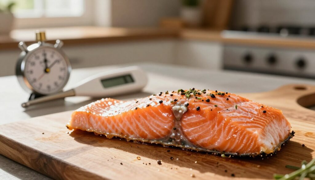 A beautifully cooked salmon fillet resting on a wooden cutting board, glistening with herbs and spices. The foreground features a close-up view of the salmon's flaky texture, emphasizing its juiciness and delicate color. In the middle, there are measuring tools like a kitchen timer and a digital thermometer, illustrating the importance of baking time and temperature. The background includes a softly lit kitchen environment, with warm tones reflecting a cozy atmosphere. Natural sunlight gently filters through a nearby window, casting soft shadows and enhancing the appetizing look of the dish. The overall mood is inviting and warm, perfect for a culinary article about improving salmon baking techniques.