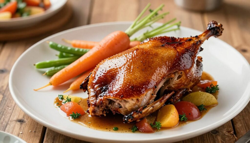 A beautifully plated roasted duck surrounded by an assortment of colorful side dishes and a rich sauce. In the foreground, the glossy, crispy skin of the duck glistens with a light sheen, complemented by a vibrant sauce made from fruits and herbs, artfully drizzled around the dish. In the middle, seasonal vegetables such as golden carrots and green beans are arranged elegantly, adding freshness and color. The background features a softly blurred rustic wooden table, enhancing the homely atmosphere. Warm, natural lighting casts gentle highlights, creating a cozy, inviting mood, ideal for a festive dinner scene. The angle showcases the plate from slightly above, emphasizing the textures of the duck and the artistic presentation of the accompaniments.