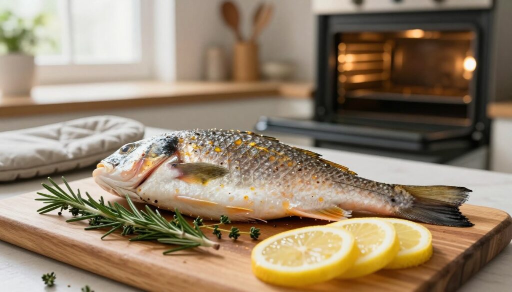 A beautifully prepared fish ready for baking, showcasing its glistening scales and fresh, vibrant colors. The fish is positioned on a wooden cutting board, surrounded by a selection of herbs such as rosemary and thyme, and slices of lemon to enhance its flavors. The foreground captures the intricate details of the fish's skin and the glistening herbs, evoking a sense of freshness. In the middle ground, a rustic kitchen scene with oven mitts and an open oven door filled with warm light adds an inviting warmth and homey atmosphere. In the background, soft-focus kitchen utensils and a bright window allow natural light to illuminate the scene, creating a cheerful and inspiring cooking environment. The image conveys a sense of preparation and care, ideal for highlighting the art of baking fish to preserve its taste and texture. A beautifully prepared fish ready for baking, showcasing its glistening scales and fresh, vibrant colors. The fish is positioned on a wooden cutting board, surrounded by a selection of herbs such as rosemary and thyme, and slices of lemon to enhance its flavors. The foreground captures the intricate details of the fish's skin and the glistening herbs, evoking a sense of freshness. In the middle ground, a rustic kitchen scene with oven mitts and an open oven door filled with warm light adds an inviting warmth and homey atmosphere. In the background, soft-focus kitchen utensils and a bright window allow natural light to illuminate the scene, creating a cheerful and inspiring cooking environment. The image conveys a sense of preparation and care, ideal for highlighting the art of baking fish to preserve its taste and texture.