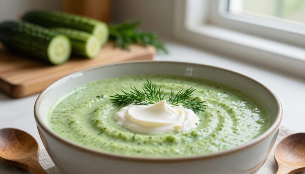 A beautifully presented bowl of creamy cucumber soup, showcasing a traditional variant with a touch of modern flair. In the foreground, the vibrant green soup is garnished with fresh dill and a dollop of sour cream, creating a stark contrast against the bowl's rustic ceramic texture. In the middle, a wooden spoon rests beside the bowl, hinting at the warmth of homemade cooking. The background features a softly blurred kitchen setting with wooden cutting boards, fresh cucumbers, and herbs that evoke a cozy, inviting atmosphere. Natural light streams in from a window, casting gentle shadows and highlighting the soup's creamy texture. The scene conveys a warm, appetizing mood, perfect for a culinary inspiration.