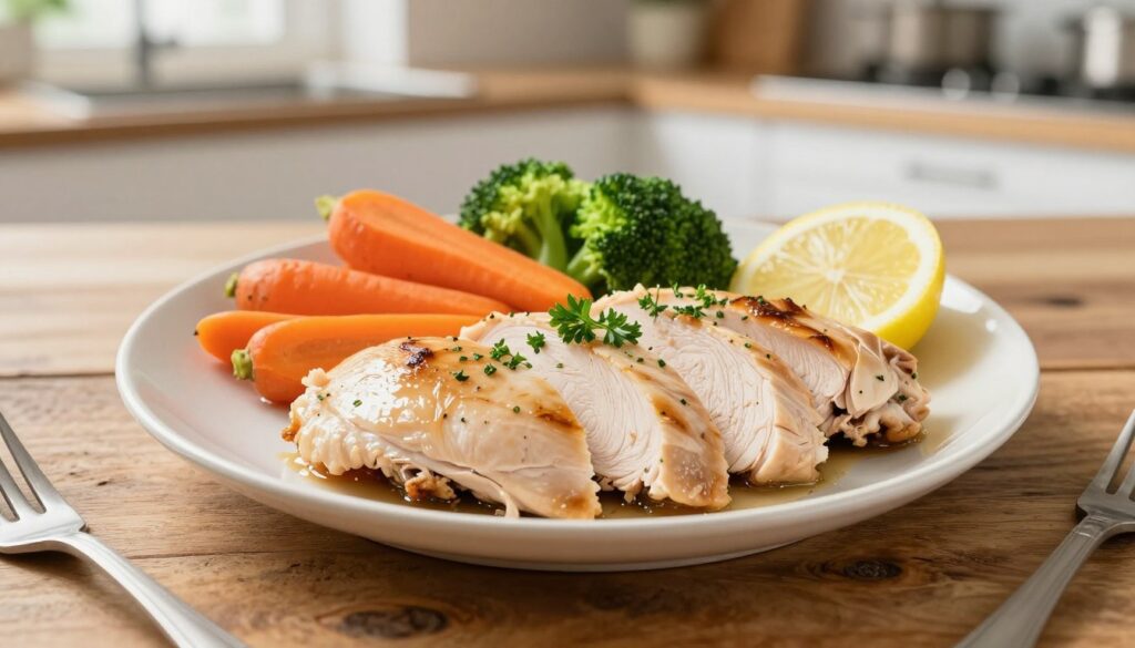 A beautifully presented plate of steamed chicken breast, sliced and juicy, sitting on a rustic wooden table. The foreground features the tender, glistening pieces of chicken, garnished with a sprinkle of fresh herbs like parsley and a slice of lemon for color. In the middle, there are colorful side vegetables such as steamed carrots and broccoli, creating a vibrant contrast. The background shows a softly blurred kitchen setting with natural light illuminating the scene, enhancing the fresh, wholesome feel. The atmosphere is warm and inviting, suggesting a home-cooked meal that emphasizes health and satisfaction. The composition is captured from a slightly elevated angle, allowing a full view of the dish's inviting presentation. A beautifully presented plate of steamed chicken breast, sliced and juicy, sitting on a rustic wooden table. The foreground features the tender, glistening pieces of chicken, garnished with a sprinkle of fresh herbs like parsley and a slice of lemon for color. In the middle, there are colorful side vegetables such as steamed carrots and broccoli, creating a vibrant contrast. The background shows a softly blurred kitchen setting with natural light illuminating the scene, enhancing the fresh, wholesome feel. The atmosphere is warm and inviting, suggesting a home-cooked meal that emphasizes health and satisfaction. The composition is captured from a slightly elevated angle, allowing a full view of the dish's inviting presentation.