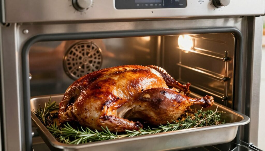 A beautifully roasted goose nestled in a modern oven, showcasing its crisp, golden-brown skin. The foreground features the goose glistening with rendered fat, surrounded by a medley of aromatic herbs like rosemary and thyme, hinting at the rich flavors infused during cooking. In the middle, the oven's sleek stainless steel interior contrasts with the organic textures of the goose and herbs, while a digital thermometer is visible, indicating the perfect internal temperature for juiciness. The background includes soft ambient oven light illuminating the scene, with perhaps a hint of traditional kitchen decor. The atmosphere feels warm and inviting, evoking the heart of a home where cooking is an art. Capture this enticing moment with an eye-level angle to enhance realism and encourage a sense of culinary delight.