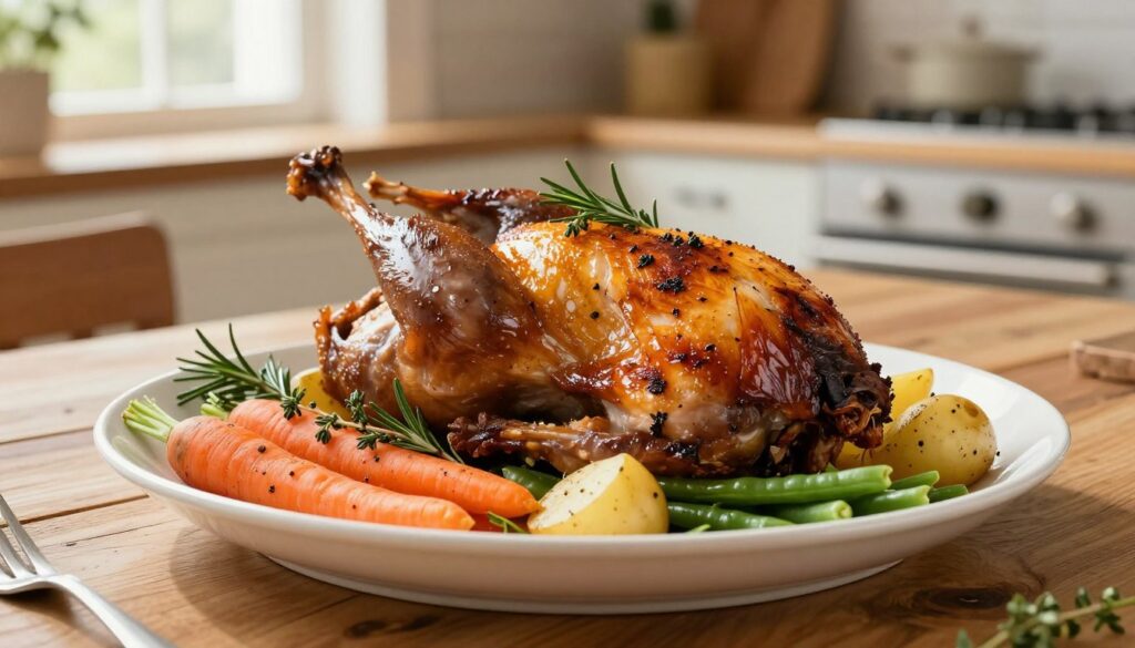 A beautifully roasted rabbit, golden brown and glistening, presented on an elegant white ceramic platter. The rabbit is garnished with fresh herbs like rosemary and thyme, and surrounded by vibrant seasonal vegetables like carrots, potatoes, and green beans. The background features a rustic wooden kitchen table, softly lit by warm, natural light streaming through a nearby window, creating a cozy, inviting atmosphere. The focus is sharp on the rabbit, highlighting its juicy texture and delicious appearance, while the vegetables add color and contrast without distracting from the main subject. The image captures a tranquil kitchen setting, emphasizing the art of cooking a succulent rabbit. A beautifully roasted rabbit, golden brown and glistening, presented on an elegant white ceramic platter. The rabbit is garnished with fresh herbs like rosemary and thyme, and surrounded by vibrant seasonal vegetables like carrots, potatoes, and green beans. The background features a rustic wooden kitchen table, softly lit by warm, natural light streaming through a nearby window, creating a cozy, inviting atmosphere. The focus is sharp on the rabbit, highlighting its juicy texture and delicious appearance, while the vegetables add color and contrast without distracting from the main subject. The image captures a tranquil kitchen setting, emphasizing the art of cooking a succulent rabbit.