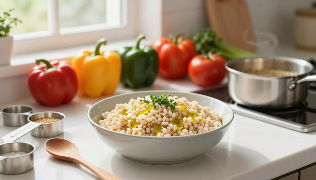 A beautifully styled kitchen countertop showcasing a perfectly cooked bowl of fluffy barley groats, glistening with a light sheen of olive oil, with a sprinkle of fresh herbs on top. In the foreground, there are measuring cups, a wooden spoon, and a small pot where grains are simmering gently. The middle ground features a vibrant array of colorful vegetables like bell peppers and tomatoes, ready to accompany the barley. The background includes a sunny window with soft, natural light streaming in, illuminating the scene and creating a warm, inviting atmosphere. The composition emphasizes a clean and organized kitchen, highlighting the idea of culinary success and tranquility. The image should evoke a sense of satisfaction and ease in cooking.