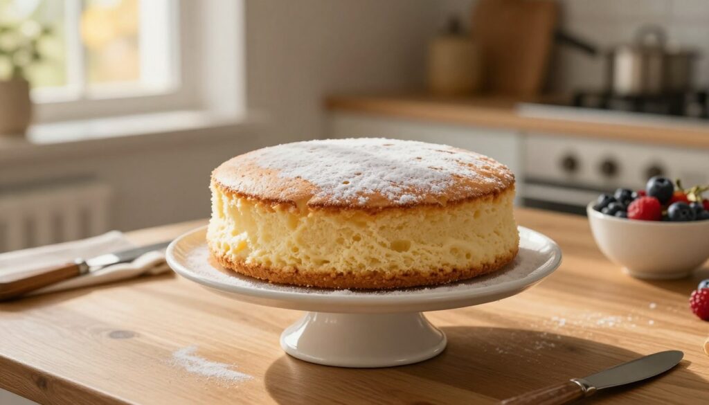 A beautifully styled kitchen setting with a wooden table as the foreground, featuring a perfectly round, thawing sponge cake on a delicate cake stand. The cake is lightly dusted with powdered sugar, glistening under soft, warm lighting that enhances its fluffy texture and moist surface. In the middle ground, subtle kitchen utensils and a bowl with fresh berries imply preparation for serving. In the background, an inviting ambiance is created with soft-focus elements like a window showing a sunny day, casting gentle light patterns. The scene conveys a cozy, warm atmosphere, emphasizing the careful process of thawing the cake while maintaining its moisture without hardening. The overall mood is inviting and deliciously appealing, showcasing the technique of defrosting baked goods effectively. A beautifully styled kitchen setting with a wooden table as the foreground, featuring a perfectly round, thawing sponge cake on a delicate cake stand. The cake is lightly dusted with powdered sugar, glistening under soft, warm lighting that enhances its fluffy texture and moist surface. In the middle ground, subtle kitchen utensils and a bowl with fresh berries imply preparation for serving. In the background, an inviting ambiance is created with soft-focus elements like a window showing a sunny day, casting gentle light patterns. The scene conveys a cozy, warm atmosphere, emphasizing the careful process of thawing the cake while maintaining its moisture without hardening. The overall mood is inviting and deliciously appealing, showcasing the technique of defrosting baked goods effectively.